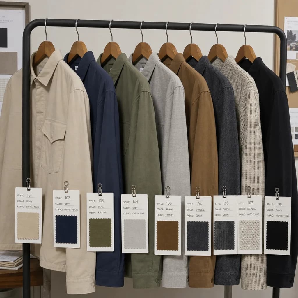 A rack of overshirt samples with style, colour and fabric swatch cards attached