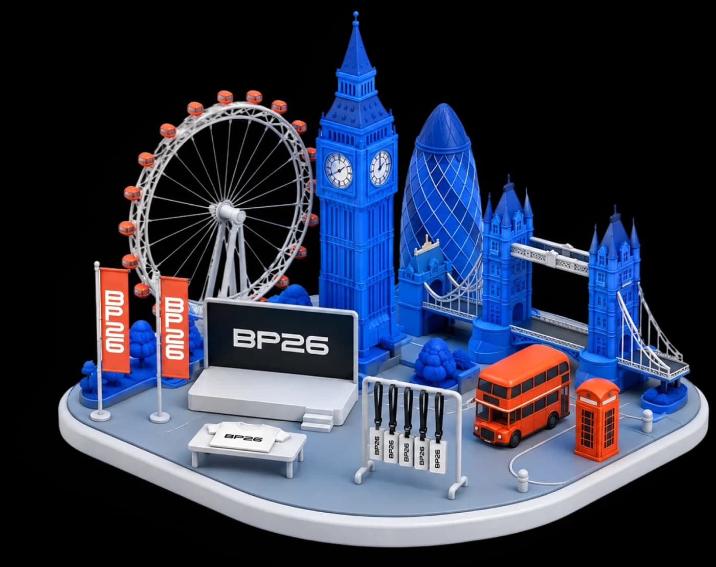 Miniature model of London with Breakpoint 2026 signage, built from Nomu merch